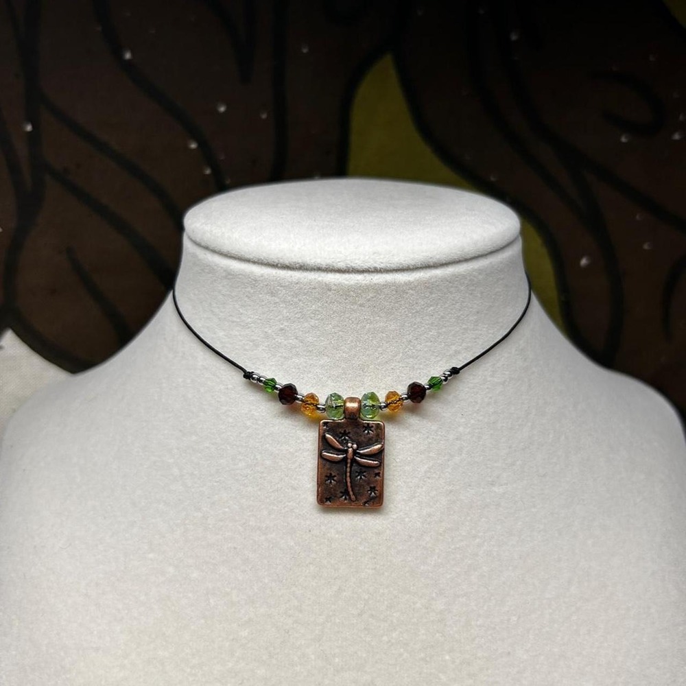 Earthy dragonfly czech glass stainless steel adjustable necklace boho cottage